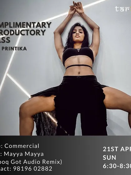 An announcement for a complimentary introductory class in Commercial Choreography. This is a great chance to get a feel for the style before committing to a full batch.