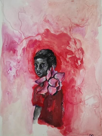 "Boy Carrying Lotus," an acrylic and fountain pen piece on paper. This is my statement that we must raise boys to carry flowers instead of rage, challenging traditional notions of masculinity.