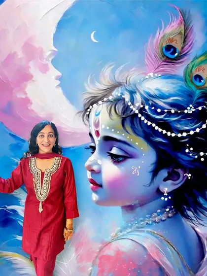 This large wall painting depicts the innocent and enchanting form of Bal Krishna, or baby Krishna. I used soft blues and a celestial background with the moon to capture his divine and playful childhood nature.