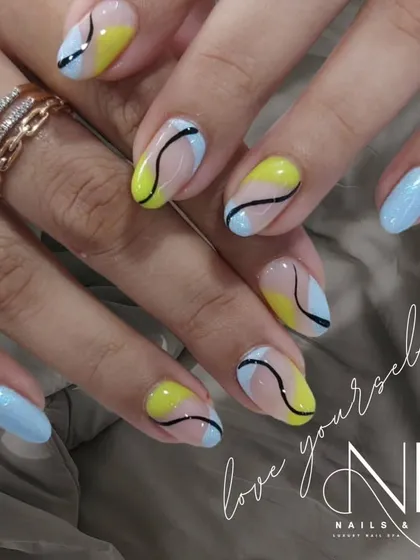 This abstract design uses negative space for a modern effect. We combined pastel yellow and blue sections with a clean, curving black line for a playful, artistic look.