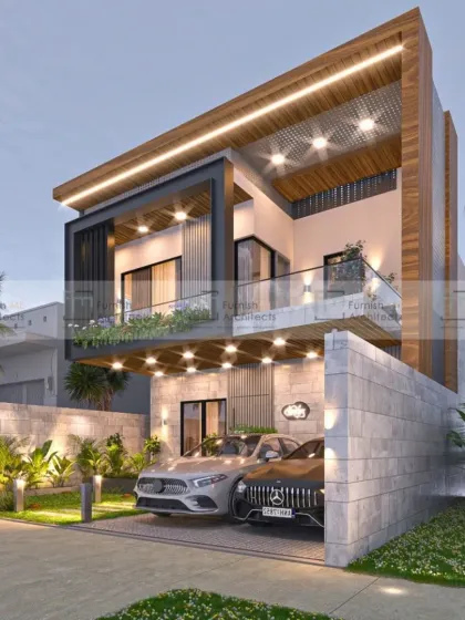 Another angle of our modern villa design, emphasizing the clean lines and the relationship between the indoor and outdoor spaces. The large glass windows and balconies are designed to connect the home with its surroundings.