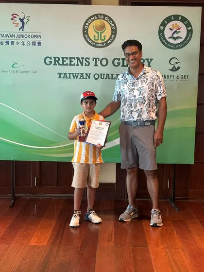Aveer Dhanuka receives his 2nd Runner-Up trophy at the Greens to Glory Junior Golf Tournament.