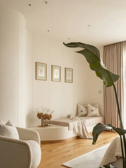 We transformed a structural column into a design opportunity by creating a curved wall with two functional alcoves. This larger niche houses an inviting daybed, perfect for unwinding with a book, adding an element of softness and sophisticated comfort to the master bedroom.