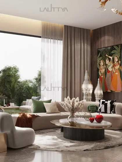 A sublime living space where large glass windows open up to lush greenery, creating a serene, nature-inspired haven. We used a mix of plush textures, earthy tones, and curated art to create a room that feels both luxurious and warm.