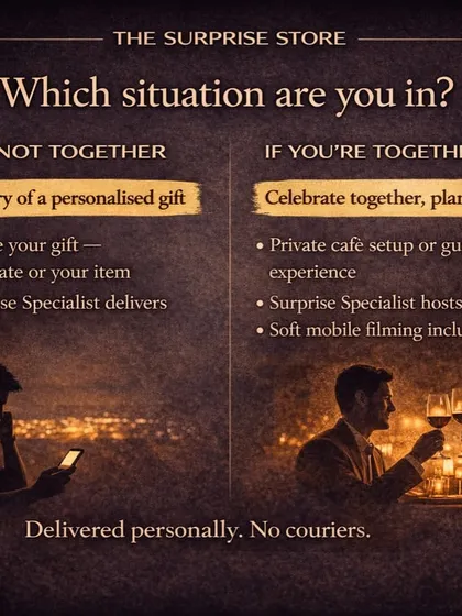 Are you together or apart? We have the perfect surprise for every situation. This graphic explains our two main service types: surprise deliveries and fully hosted celebrations.