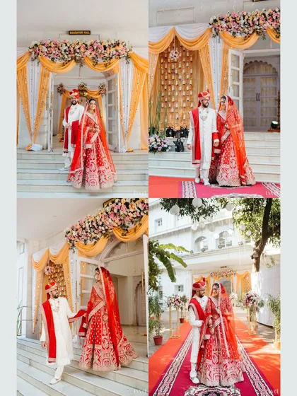 A four-part collage showing the bride and groom's wedding day journey, from their entrance to the sacred pheras, capturing the traditional essence of their union.