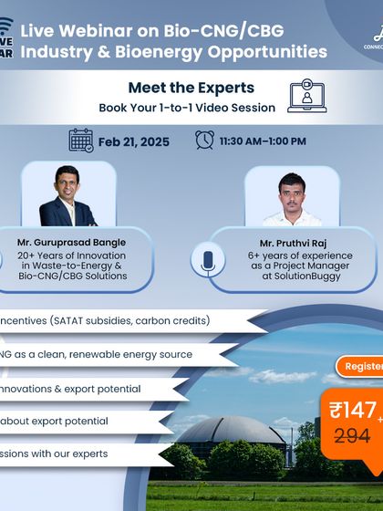 This ad for our Bio-CNG webinar features our expert speakers and highlights the opportunity to book 1-to-1 video sessions. It focuses on the practical benefits of learning about SATAT subsidies and carbon credits directly from innovators.