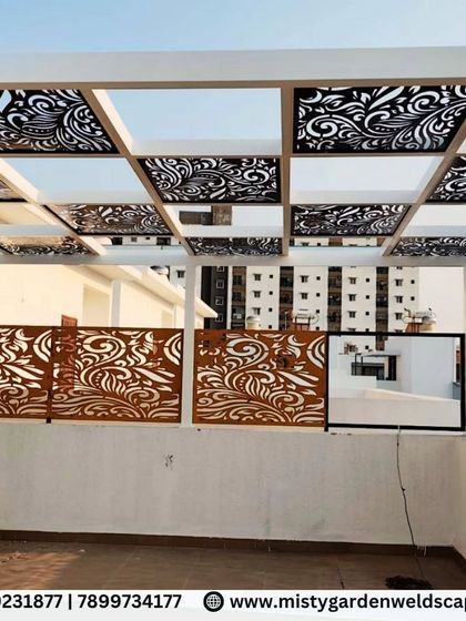 I believe in combining strength with style. These custom CNC-cut designer panels serve as both a decorative roof element and a privacy screen, creating beautiful light patterns while adding a unique architectural touch to this pergola at Natura Atavi.