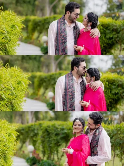 A collage of romantic moments from a pre-wedding shoot in a lush garden setting. It shows the couple's playful and loving interactions, from forehead kisses to shared smiles.