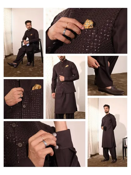 A wine-colored circular textured jacket embellished with french knots, paired with a melange kurta and salwars. An impressive garment for festive wear.
