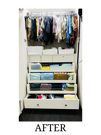 After: The same wardrobe, now a picture of organization. We used uniform hangers, designated drawers for specific categories, and added bins for easy access.