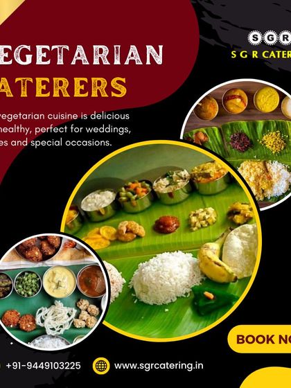 Our vegetarian cuisine is delicious and healthy, perfect for weddings and special occasions. This collage shows multiple layouts of our traditional banana leaf meals.