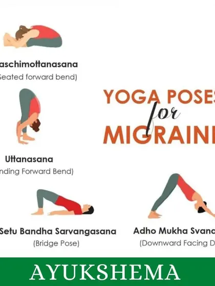 Yoga can be an effective, natural remedy for migraines. This infographic shows poses like Downward-Facing Dog and Seated Forward Bend that help relieve tension and improve blood flow to the head.