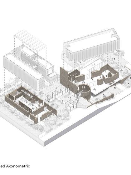 An exploded axonometric drawing of the Radisson Resort in Lonavala. This diagram shows how the public and private programs are organized on the site, with the architecture emerging from the topography and material history of the region.