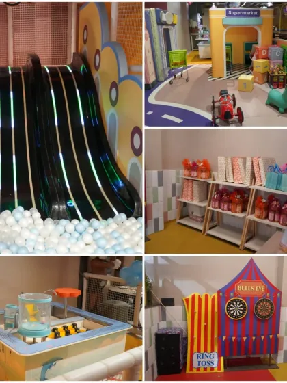 A glimpse of the different play zones we offer. From slides and ball pits to carnival games and a mini supermarket, there's an adventure waiting in every corner.