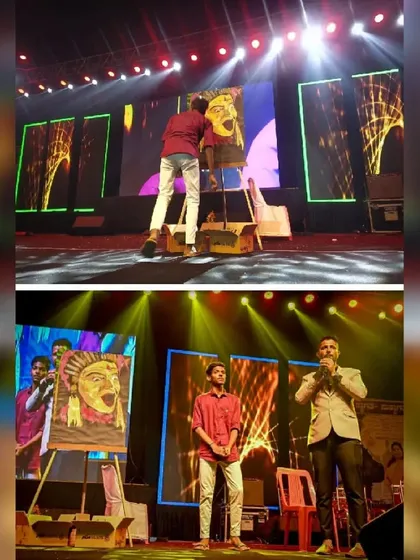 A live performance is more than just painting; it's about the energy of the stage and the crowd. This collage shows the process and the final reveal of my Kantara speed painting at the Ankola Utsava, a performance completed in less than 8 minutes.