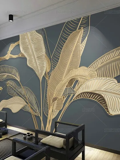 A sophisticated wallpaper design featuring large, embossed golden leaves on a dark grey background. Perfect for a modern and luxurious sitting area.