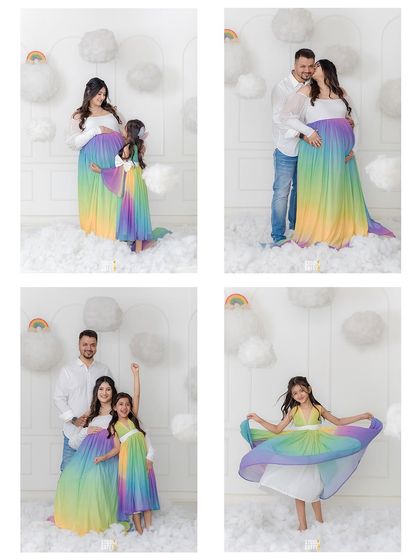 A collage showcasing different moments from a magical rainbow baby maternity shoot. It highlights the variety of poses and interactions we capture, from family hugs to the mother-to-be's radiant glow.