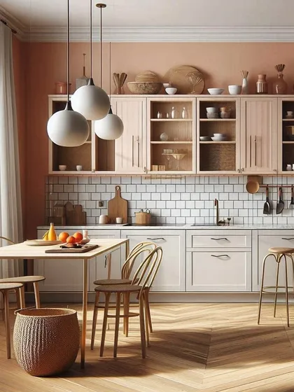 We call this the "Peachy Feast" kitchen. The warm peach palette, combined with natural wood tones and white subway tiles, creates a sunny and inviting space that feels both fresh and timeless.