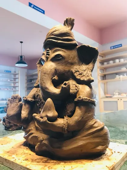 During our Ganesh Chaturthi workshop, the studio was filled with a special kind of devotion. This beautiful Ganapathy idol, sculpted from natural terracotta clay, was created by a student who channeled their faith into every detail.