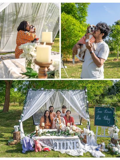 A collage showing the whole family celebrating June's 5th birthday. These images are filled with cuddles, kisses, and a lovely group portrait under the festive teepee.