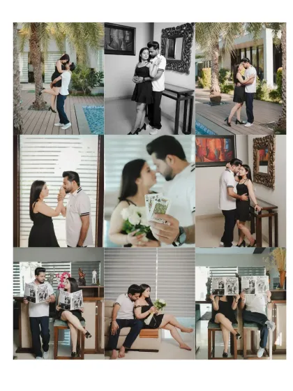 A large collage showcasing nine different moments from an indoor and outdoor shoot at a modern location, telling a complete story of the day.