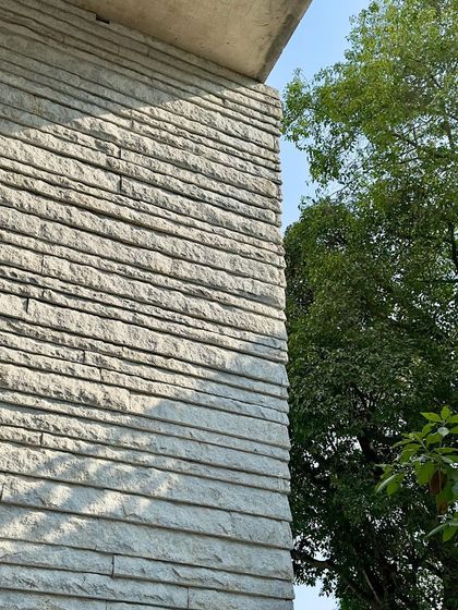 A stone-clad facade juxtaposed with a neighboring tree, a dialogue between the built and the natural.