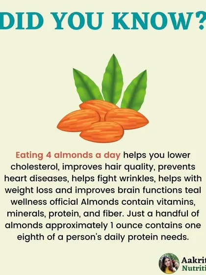 Did you know that eating just a few almonds a day can have great benefits? They can help lower cholesterol, improve hair quality, and even support brain function. They are a perfect, nutrient-dense snack.