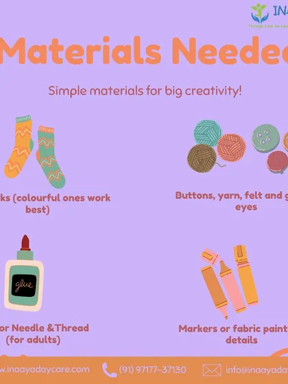 An infographic showing the simple materials needed for our DIY sock puppet activity. We believe creativity can be sparked with everyday items found right at home.