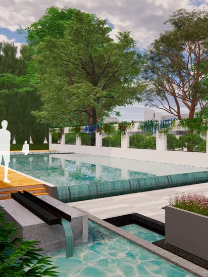 This render shows the infinity edge of the pool and the wooden deck, creating a seamless transition to the water.