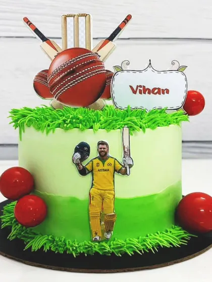 Another view of the David Warner cricket cake, ready for a birthday celebration full of cricket fever.