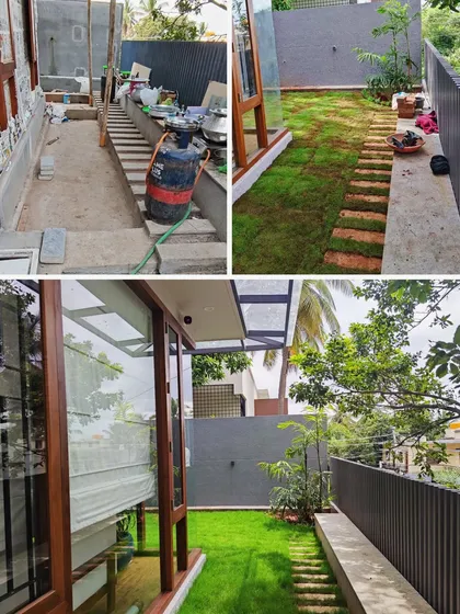 This project involved a complete side yard transformation. I cleared the construction debris, laid a new lawn, and created a natural stone walkway, turning an unusable area into a beautiful and accessible part of the garden.