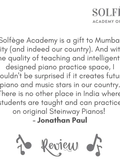 I was so touched by this review from Jonathan. It’s true that we are one of the few places in India where students can learn on original Steinway pianos. We believe the quality of the instrument deeply affects the learning experience, and we're proud to offer this to our students.