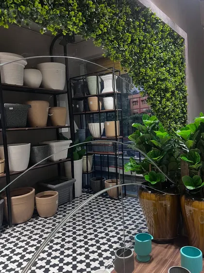 A look into our Surathkal store from the outside, with a lush artificial green wall and a peek at the planters inside.