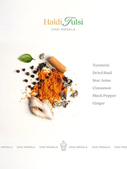 A deconstructed view of my Haldi Tulsi Chai Masala. This Ayurvedic blend features earthy turmeric, aromatic dried basil, star anise, cinnamon, black pepper, and ginger for a soothing and immune-boosting cup of tea.