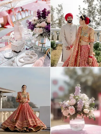 A collage of wedding details, from the pastel decor and floral arrangements to the radiant bride and the happy couple.