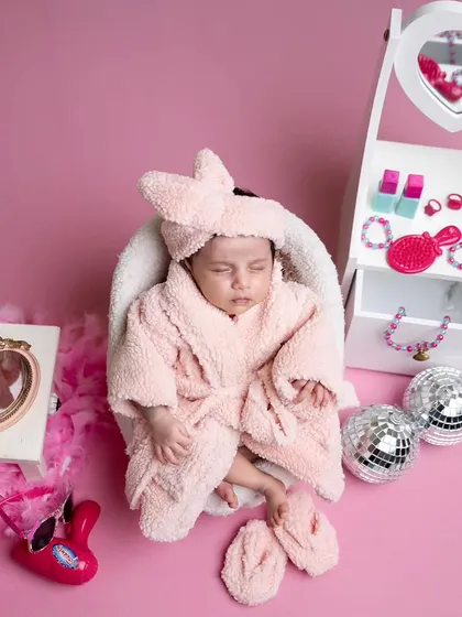A full view of the pink spa setup, showing all the fun accessories that create this adorable scene.