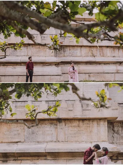 A collage of a couple's vintage-themed pre-wedding shoot, capturing their romantic interactions in a rustic setting.