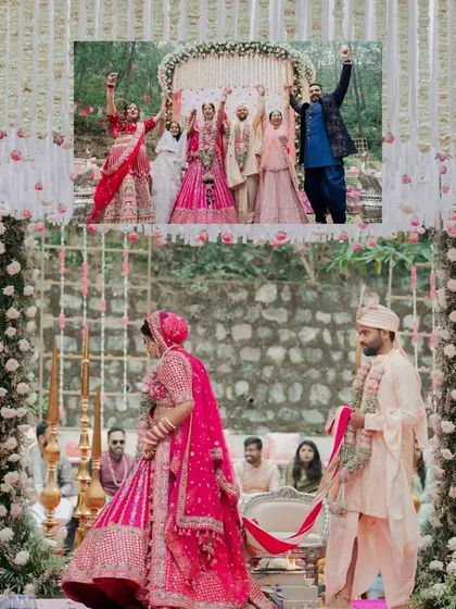 A collage of moments from a beautiful wedding set in a forest, showing the unique mandap and the emotional pheras.