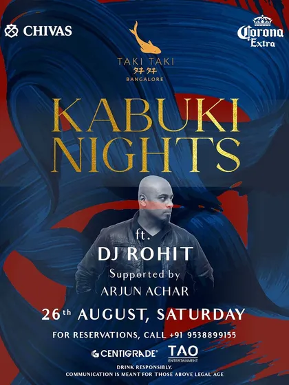 A flyer for 'Kabuki Nights' at Taki Taki, a premium Japanese restaurant and bar.