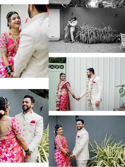 A collage of joyful moments from a traditional wedding shoot. The couple's interactions are captured in both color and black and white, showing the versatility of our venue for photography.