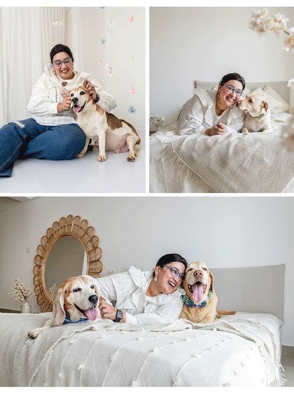 A collage from a multi-dog household session. The images show the dog mom interacting with each of her three dogs, capturing their individual personalities and her love for all of them.