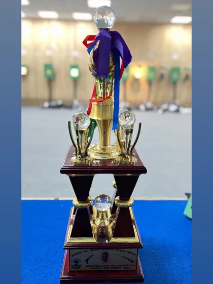 The ISSF Rolling Trophy, awarded to our academy for outstanding performance at the 11th Karnataka State Shooting Competition.