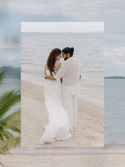 An artistic, layered portrait of the couple on the beach.