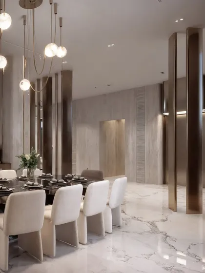 A dining area in a Dubai residence, where bronze pillars and a cascading globe chandelier create a sense of modern opulence.