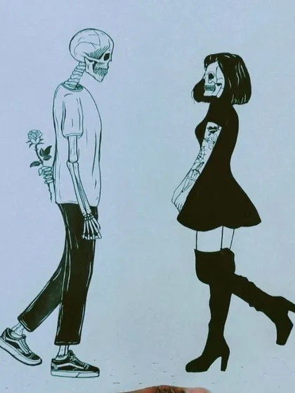 Another view of the skeleton couple drawing, showing the full figures. The contrast between the skeletal form and the modern clothing creates a unique and thought-provoking image.