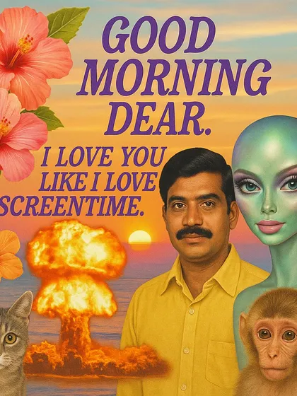 A surreal 'Good Morning' graphic with a human, an alien, a cat, a monkey, and a nuclear explosion. This piece pushes the 'Riyal Life' aesthetic to its absurd limits, commenting on the chaotic nature of our online feeds.