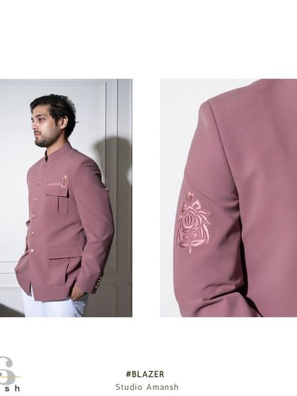 A diptych showing both a side profile and a close-up of the sleeve embroidery on our pink Prince Coat. This highlights the jacket's sharp tailoring and the delicate, tonal floral artwork.