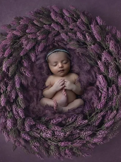 I love working with color to create a specific mood. Here, a newborn sleeps peacefully in a nest of soft, lavender florals. This artistic approach to newborn photography turns a simple portrait into a stunning piece of artwork for your home.