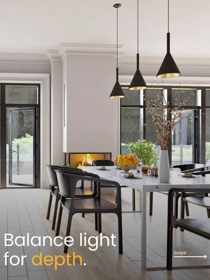 Lighting Tip: Balance light for depth. Layering different types of light, like pendants over a dining table and a fireplace glow, adds dimension to a room.